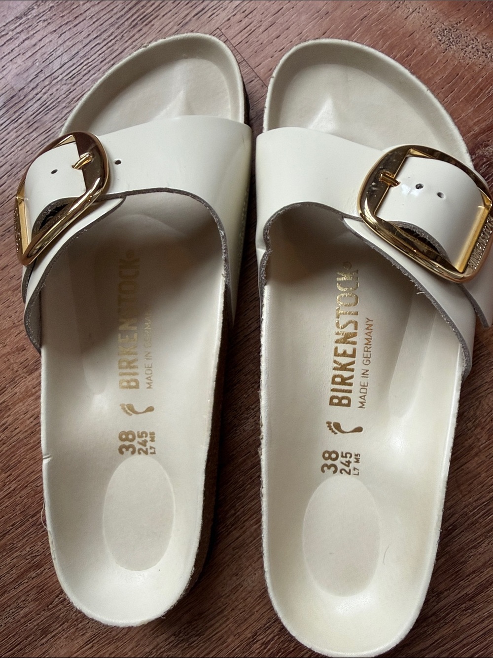 Birkenstock Women's Cream Madrid Slide with Gold Buckle - Picture 2 of 5